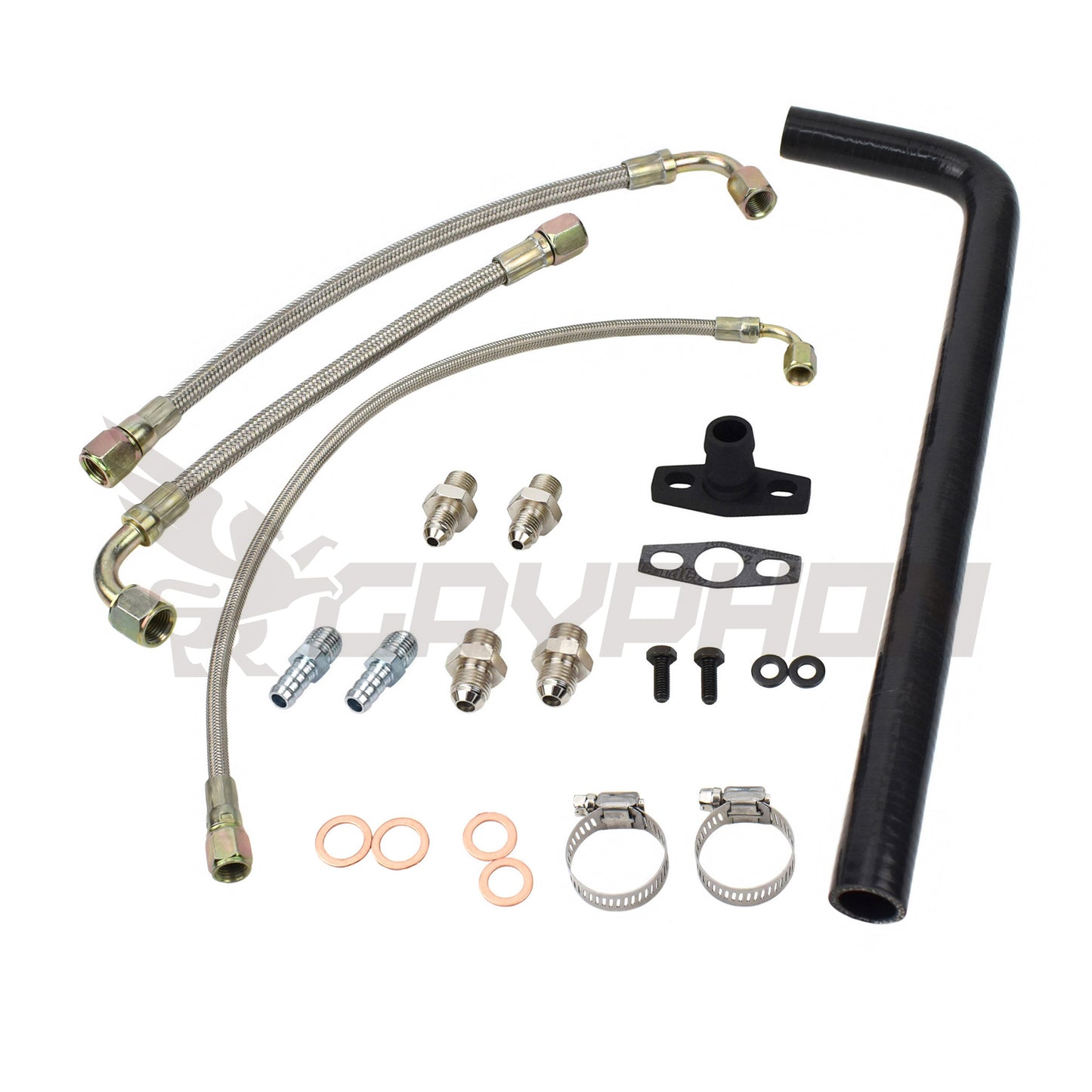 Turbo oil and water line kit for Toyota 1HD-T, 1HD-FT, 1HD-FTE engine with TD05H turbo, includes 4AN feed line, silicone drain, and 6AN water lines