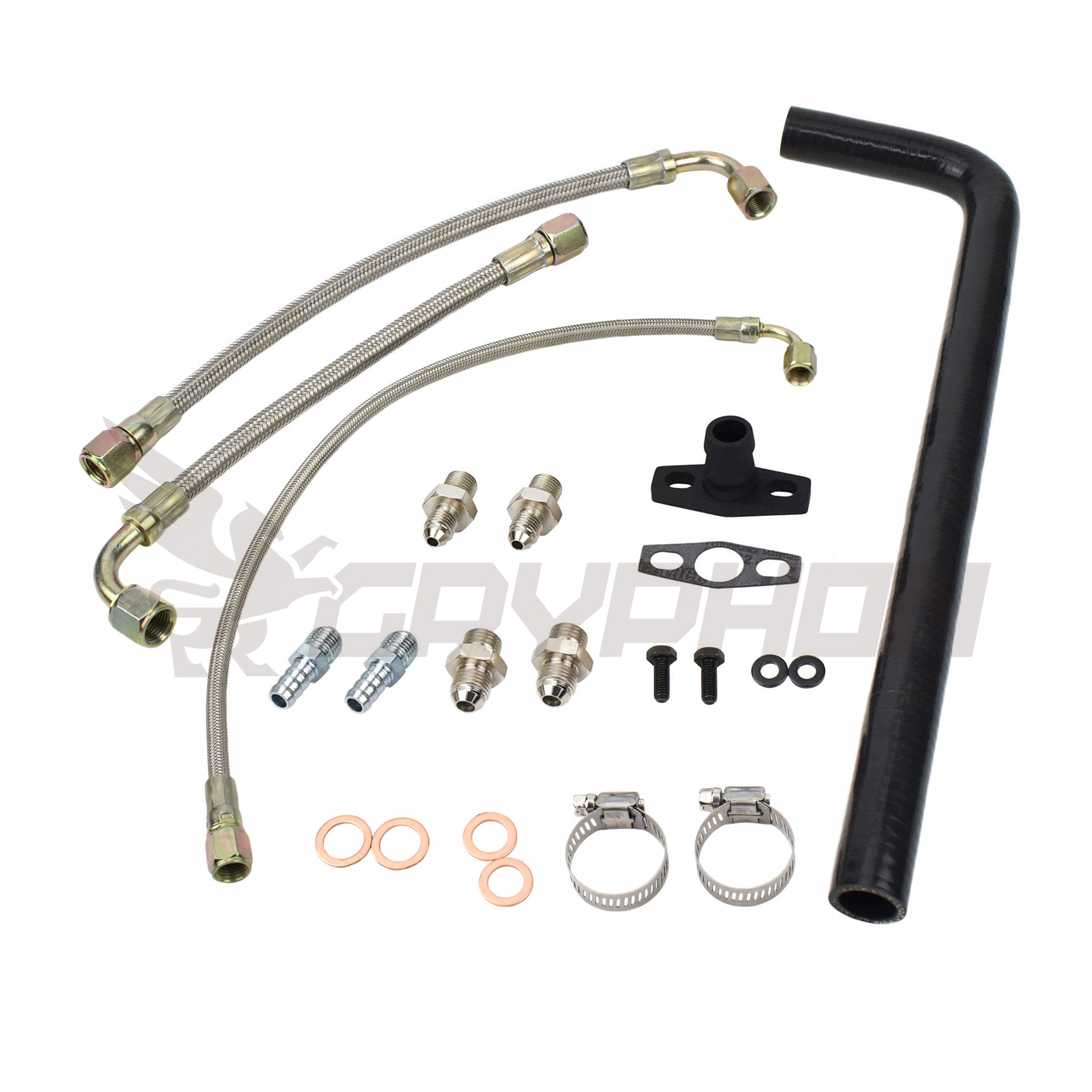 Turbo oil and water line kit for Toyota 1HD-T, 1HD-FT, 1HD-FTE engine with TD05H turbo, includes 4AN feed line, silicone drain, and 6AN water lines