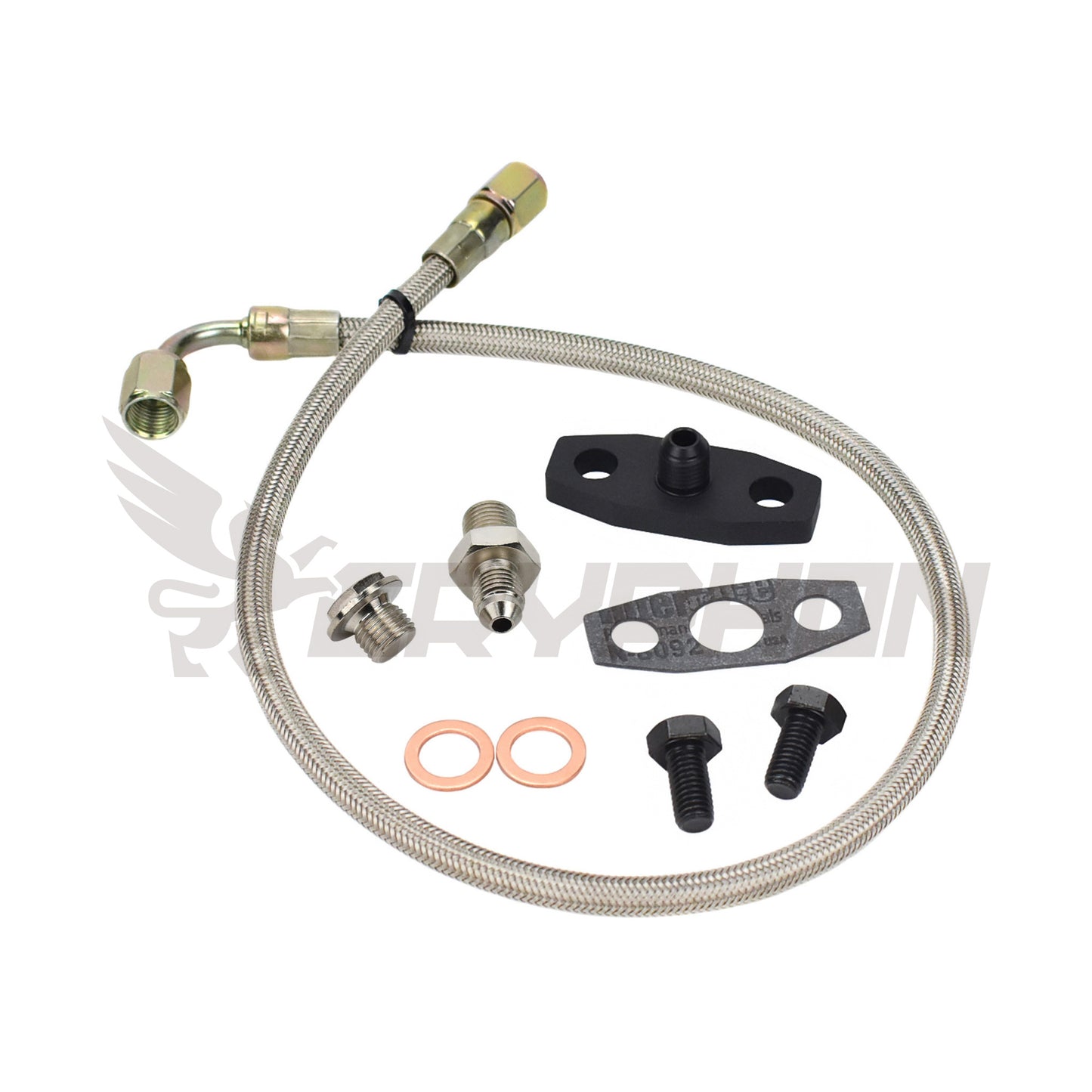 Turbo oil feed line kit for Toyota 1JZ-GTE / 2JZ-GTE with Garrett G40 G42 G45 turbos, includes 4AN braided PTFE hose, CNC flange, restrictor, gasket, and fittings.