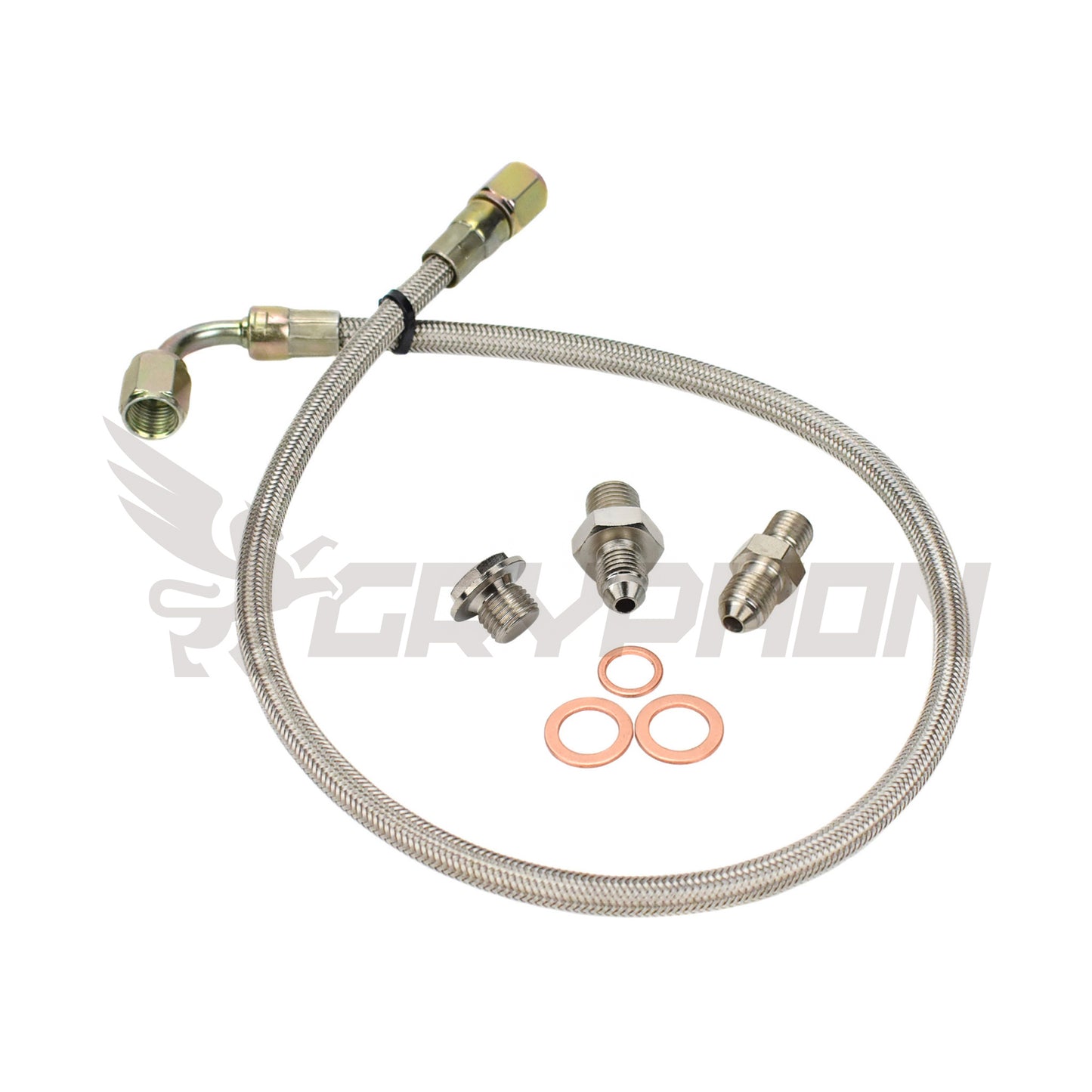 Turbo oil feed line kit for Toyota 1JZ-GTE / 2JZ-GTE with Garrett GBC22-350 turbo, includes 4AN braided PTFE hose, 1.0mm restrictor fitting, and hardware.
