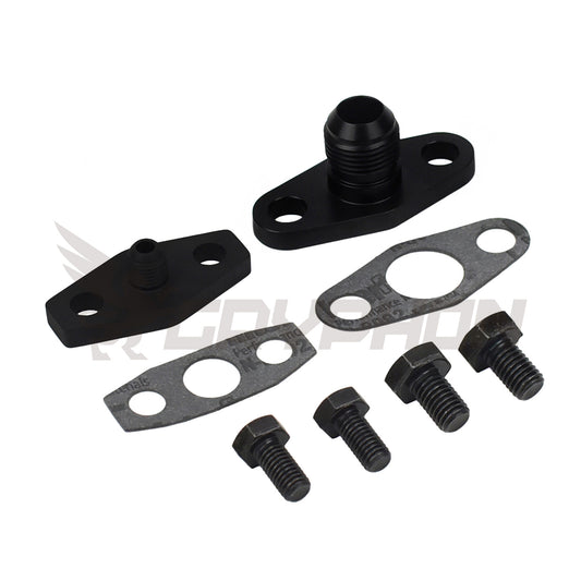 Oil feed and drain flange kit for Mitsubishi GReddy T67 TE06H TD07 TD08 turbochargers, with 4AN feed and 10AN return fittings, gasket, and bolts