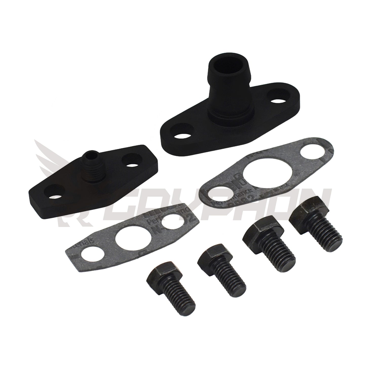 Oil feed and drain flange kit for Mitsubishi GReddy T67 TE06H TD07 TD08 turbochargers, with 4AN feed and 3/4" barb return fittings, gasket, and bolts