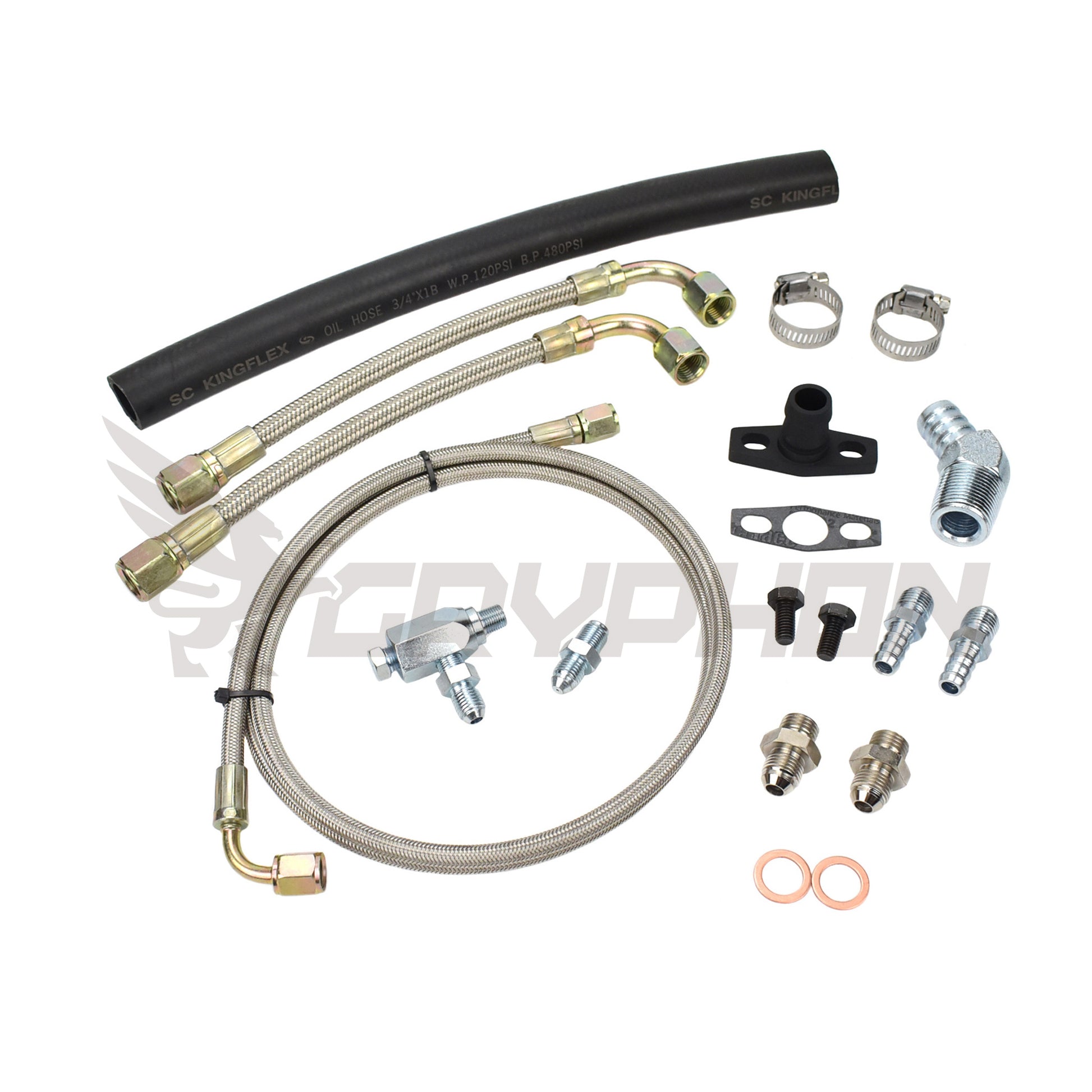 Universal turbo oil and water line kit for Garrett GT25R GT28R GT30R with 4AN oil feed, 1.0mm restrictor, NBR oil drain hose, and 6AN water lines