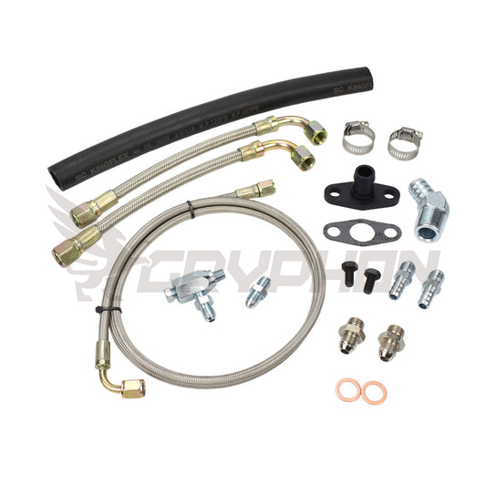 Universal oil and water line kit for GTW3476R GTW3684R GTW3884R turbo with 4AN oil feed, restrictor, NBR drain hose, and 6AN braided water lines