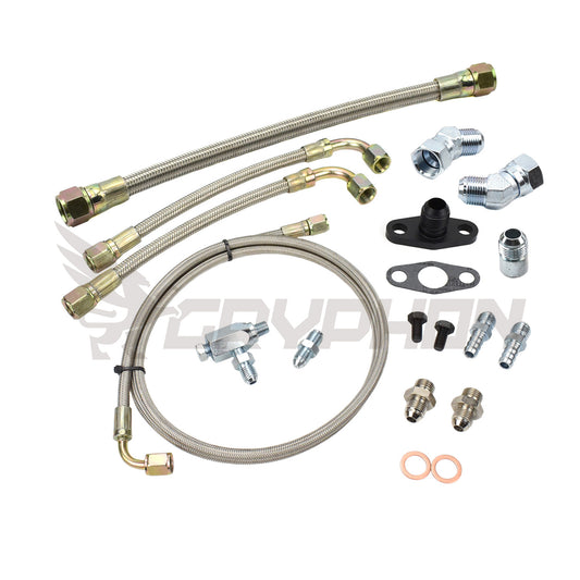 Universal braided oil and water line kit for Garrett GTW-Series ball bearing turbos with restrictor and swivel drain fitting