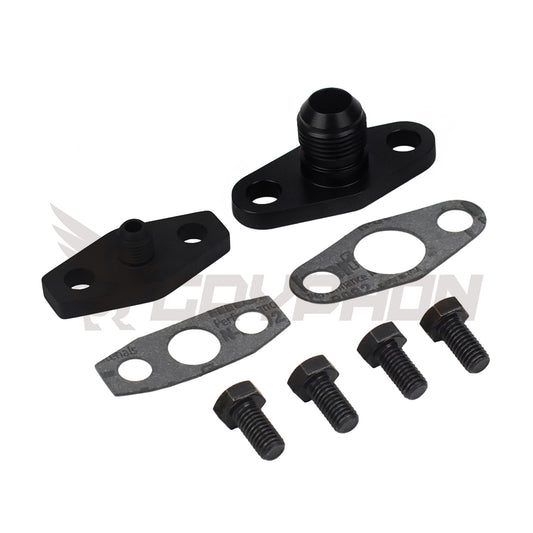 Turbo oil feed and return fitting kit for Garrett GBC35 and GBC37, includes 4AN oil feed fitting and 10AN oil drain flange.