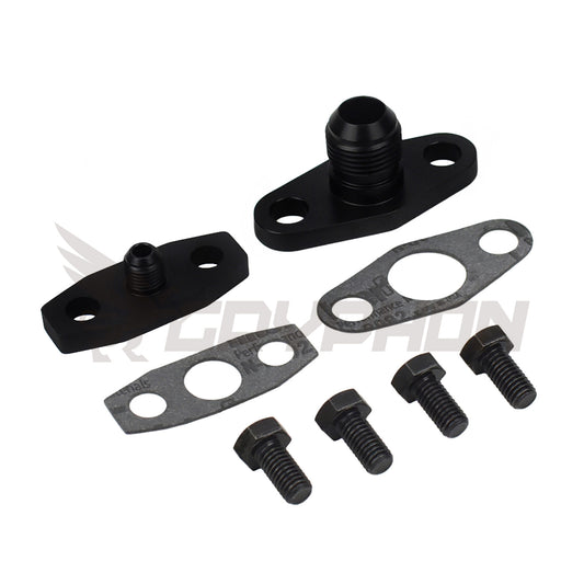 Garrett GT and GTX Series turbo oil feed and drain flange kit for GT37R, GT40R, GT42R, GT45R turbos.