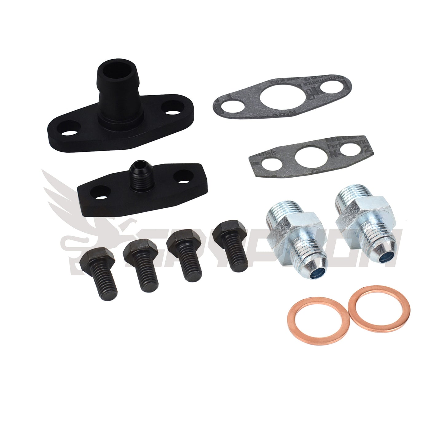 Garrett GT and GTX Series turbo oil and water fitting kit for GT37R, GT40R, GT42R, GT45R, and GT47R turbos.