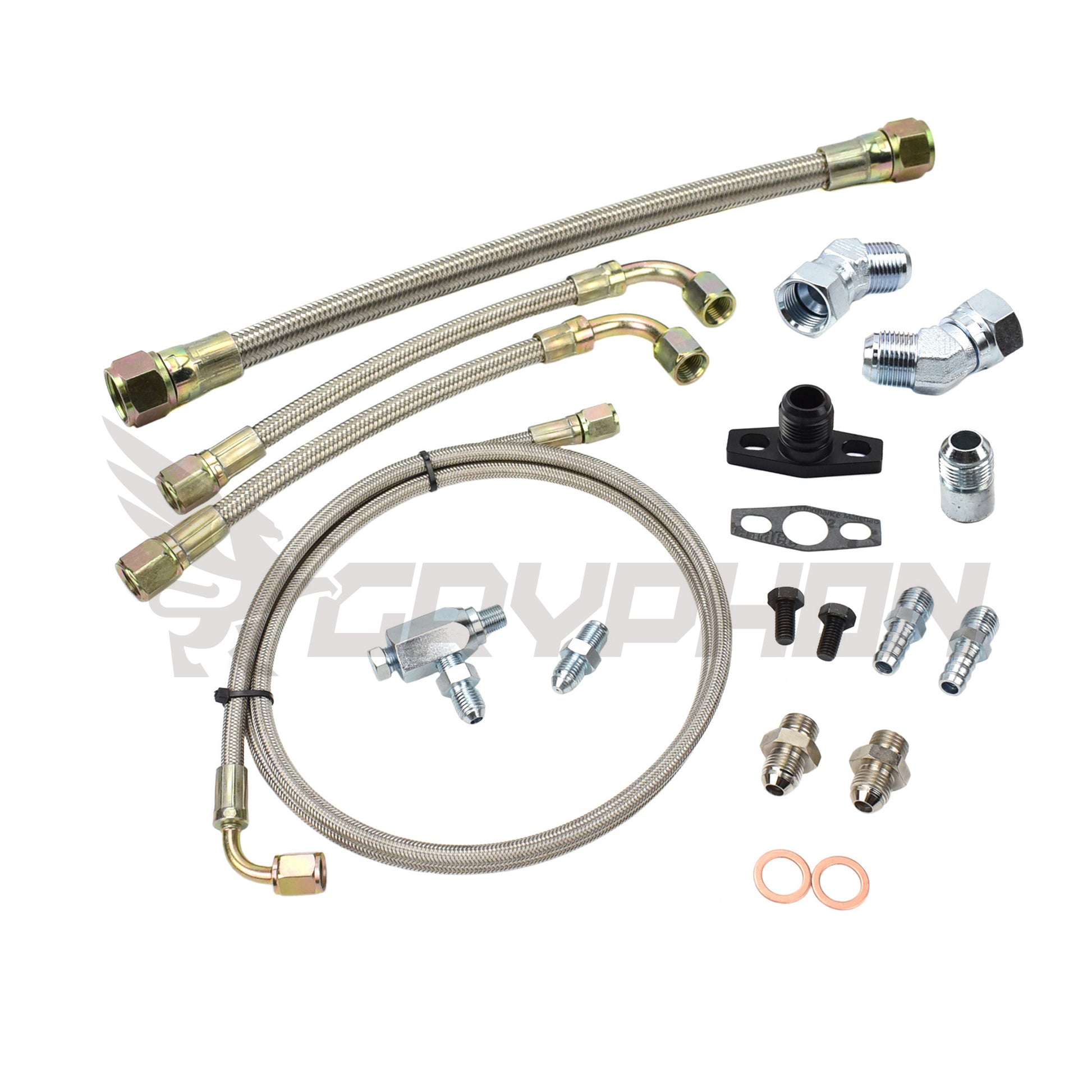 Braided oil and water line kit for Garrett T25 and T28 turbos with restrictor and swivel drain fitting