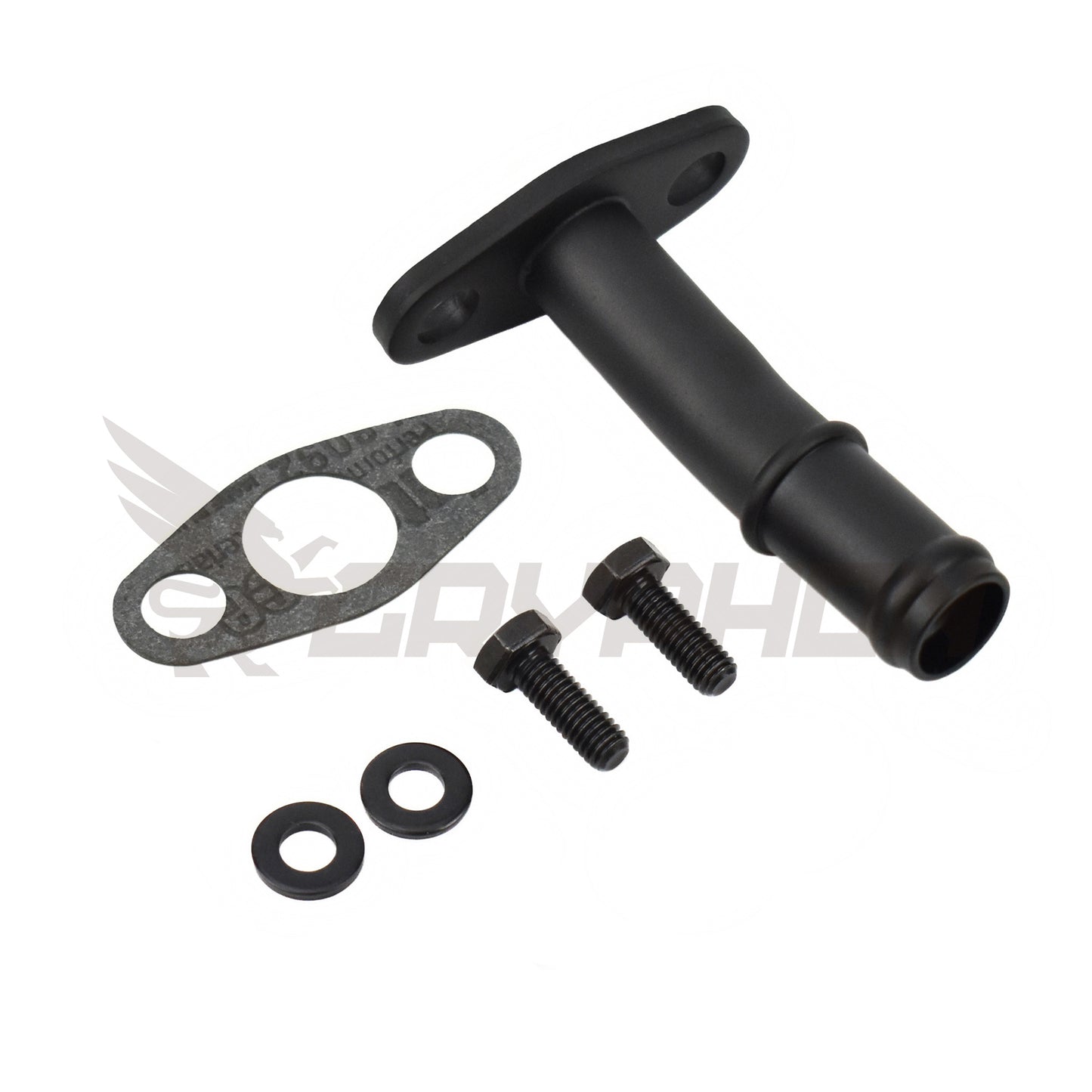 Direct-fit turbo oil drain pipe for IHI RHF & RHB Series turbochargers, including RHF5H, RHF55, RHF5HB, VF22, VF23, VF24, VF28, VF29, VF30, VF34, VF35, VF36, VF37, VF39, VF40, VF42, VF43, VF48. Made of mild steel with an electroplated corrosion-resistant finish.