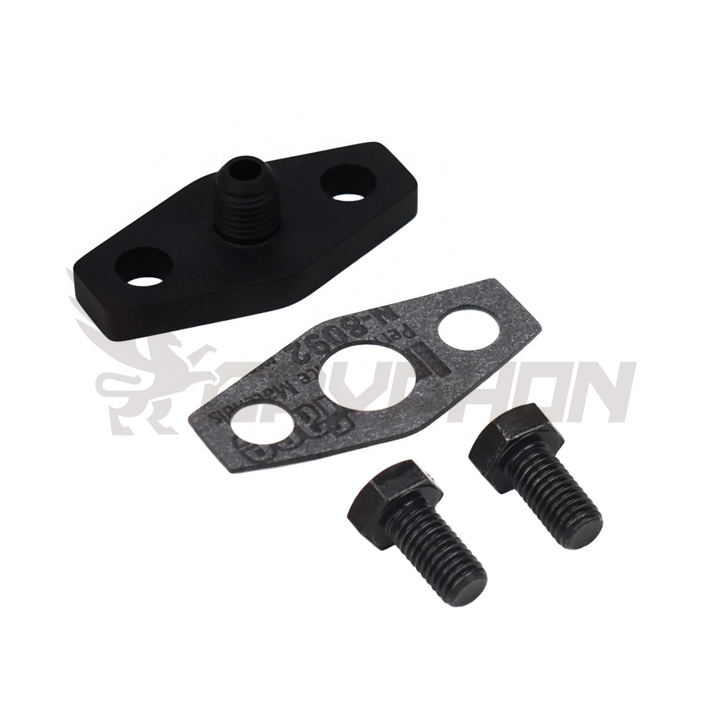 Turbo oil feed flange kit for Nissan TD42 GU with Hitachi HT18 turbo, includes 2.0mm restrictor, gasket, and bolts