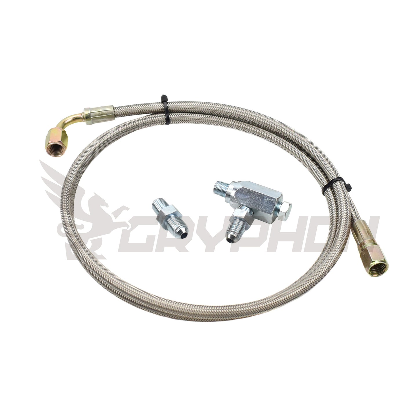 Turbo oil feed line kit for Precision Turbo PTE turbos, N/A engine conversion, 4AN braided PTFE hose with fittings, no restrictor required