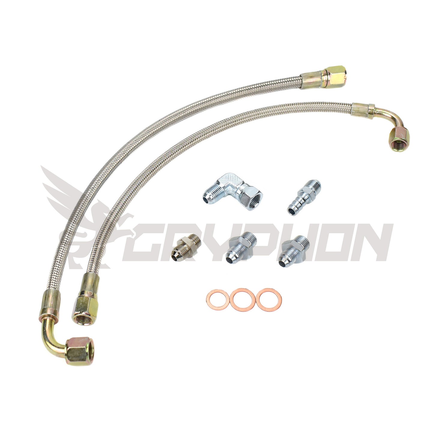 Turbo water line kit with 6AN braided hoses and fittings for SR20DET using T3 or T4 water-cooled turbo, fits S13 chassis