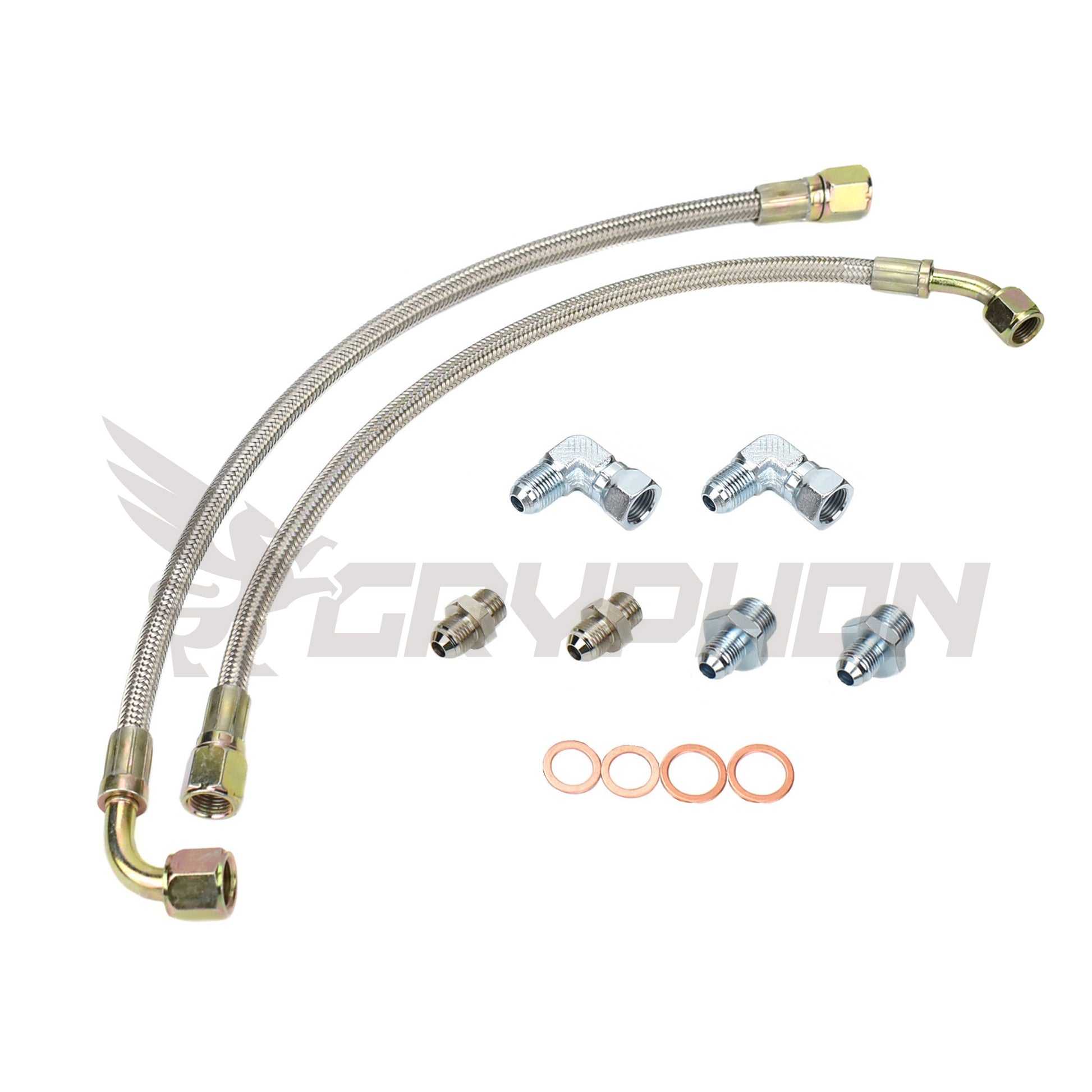 Turbo water line kit with 6AN braided hoses and fittings for SR20DET using T3 or T4 water-cooled turbo, fits S14 S15 chassis