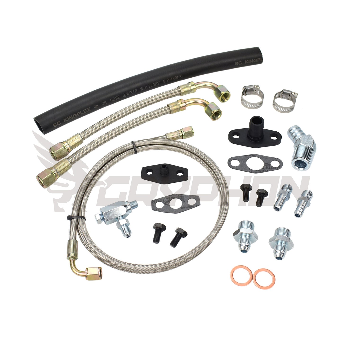 Universal oil and water line kit for Garrett T3 T4 water-cooled turbo with 4AN oil feed, NBR oil drain hose, and 6AN braided water lines