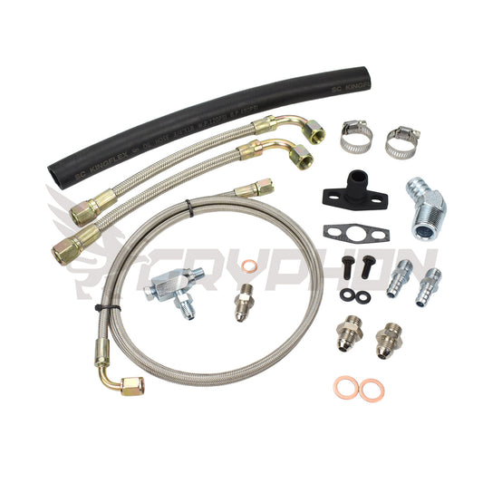 Complete oil and water line kit for TD05H and TD06 turbos including braided feed, drain hose, and water lines