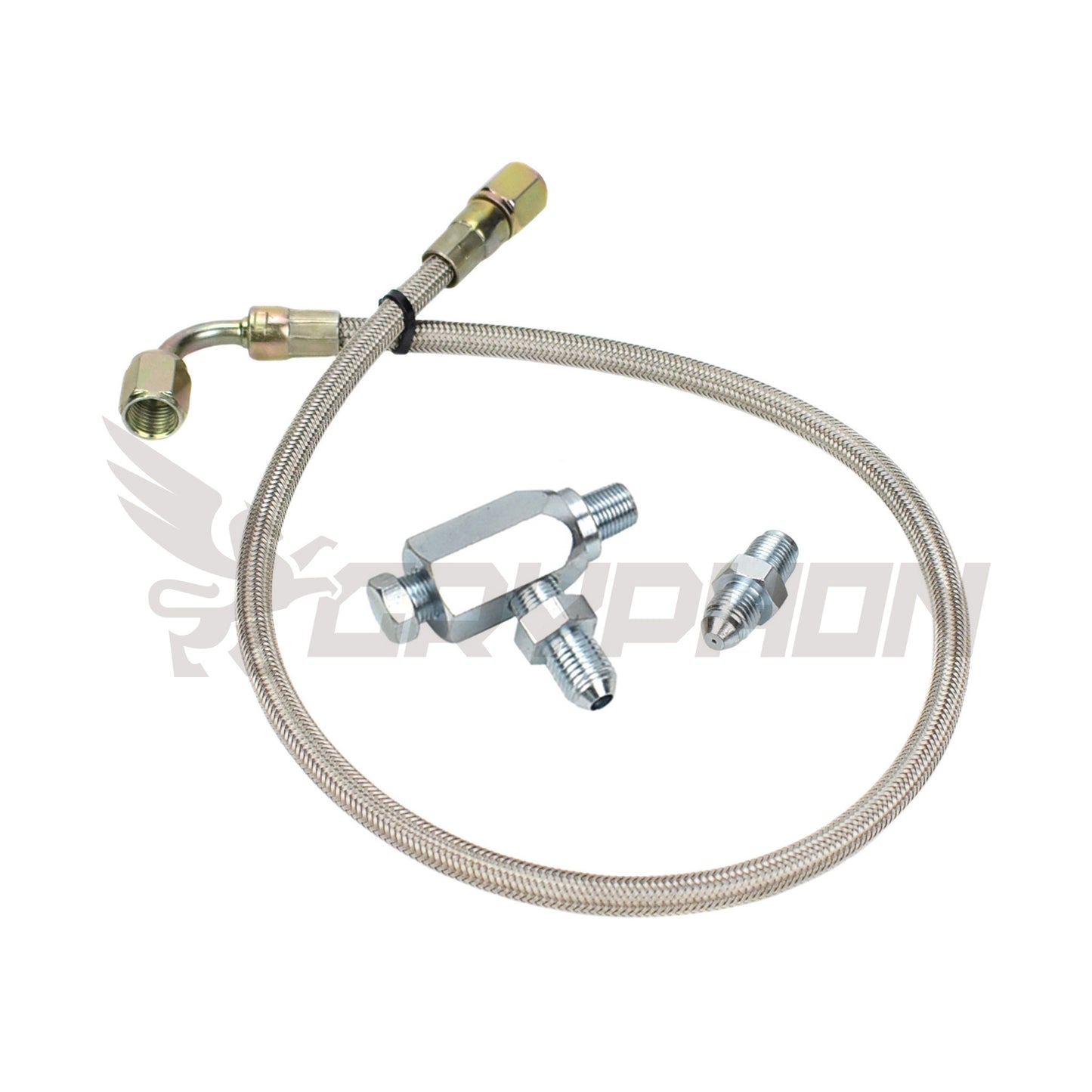 Turbo oil feed line kit for Nissan Patrol TD42 GQ with Garrett G25 ball bearing turbo, 4AN braided PTFE hose, 1.0mm restrictor fitting and T-fitting