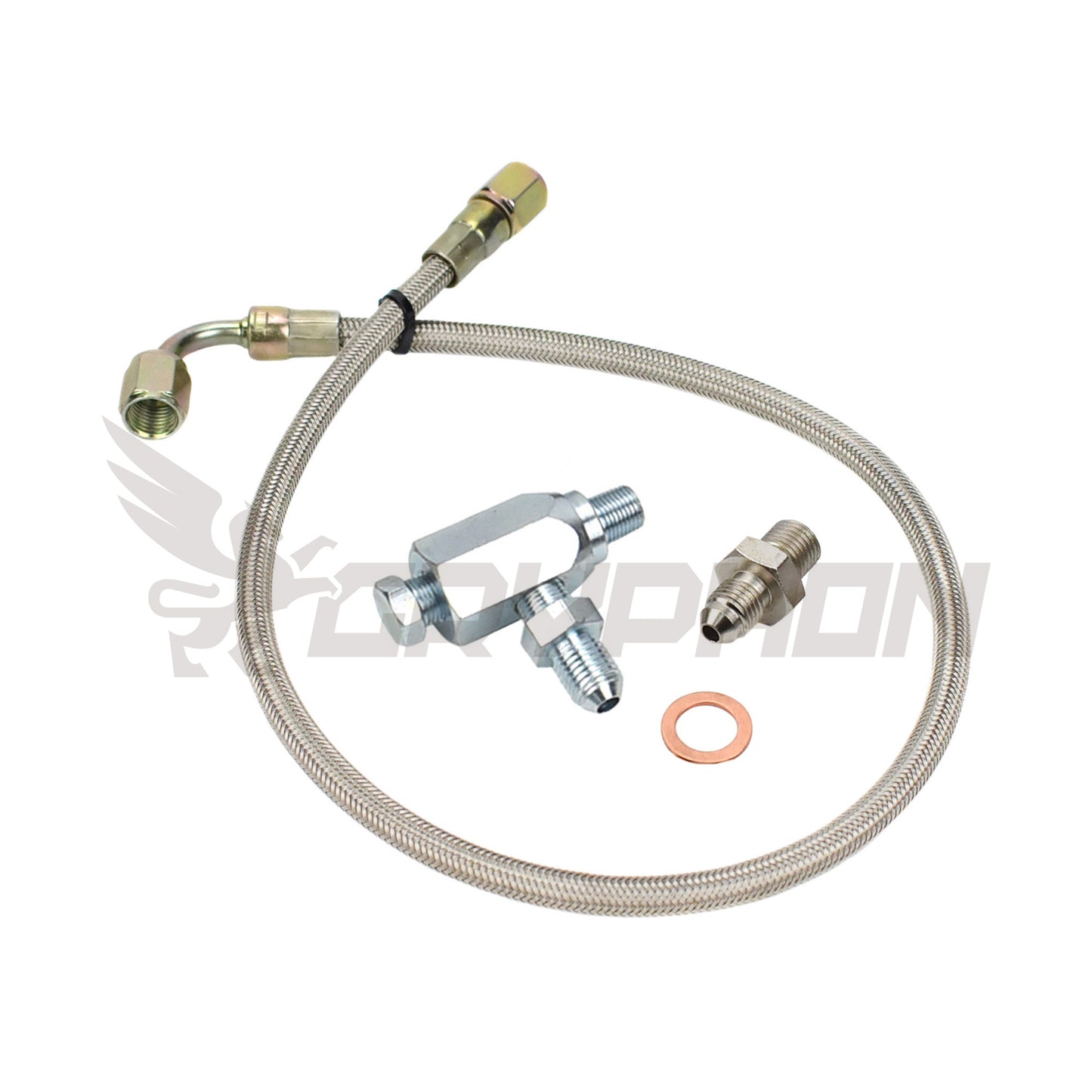 Turbo oil feed line kit for Nissan Patrol TD42 GGQ with Holset HX30 or HX35 turbo, 4AN braided PTFE hose, fittings and T-fitting, no restrictor required