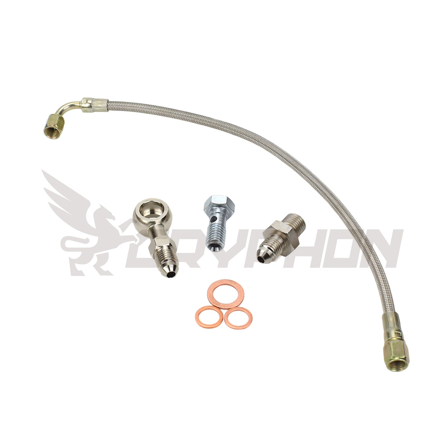 Turbo oil feed line kit for Nissan Patrol TD42 GU with Holset HX30 or HX35 turbo, 4AN braided PTFE hose, fittings, banjo, and no restrictor required