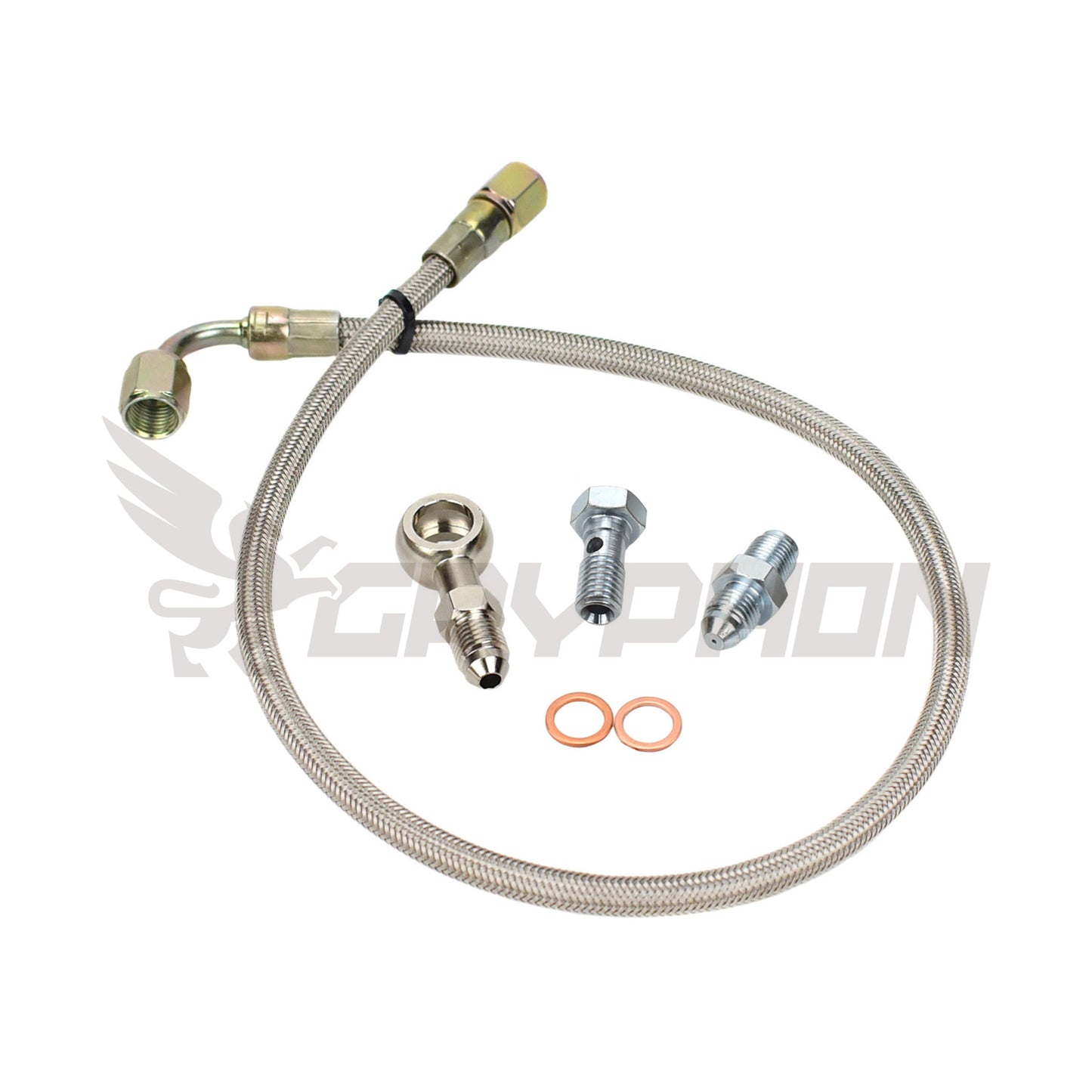 Turbo oil feed line kit for Nissan Patrol TD42 GU with Garrett G25 ball bearing turbo, 4AN braided PTFE hose, 1.0mm restrictor fitting, banjo