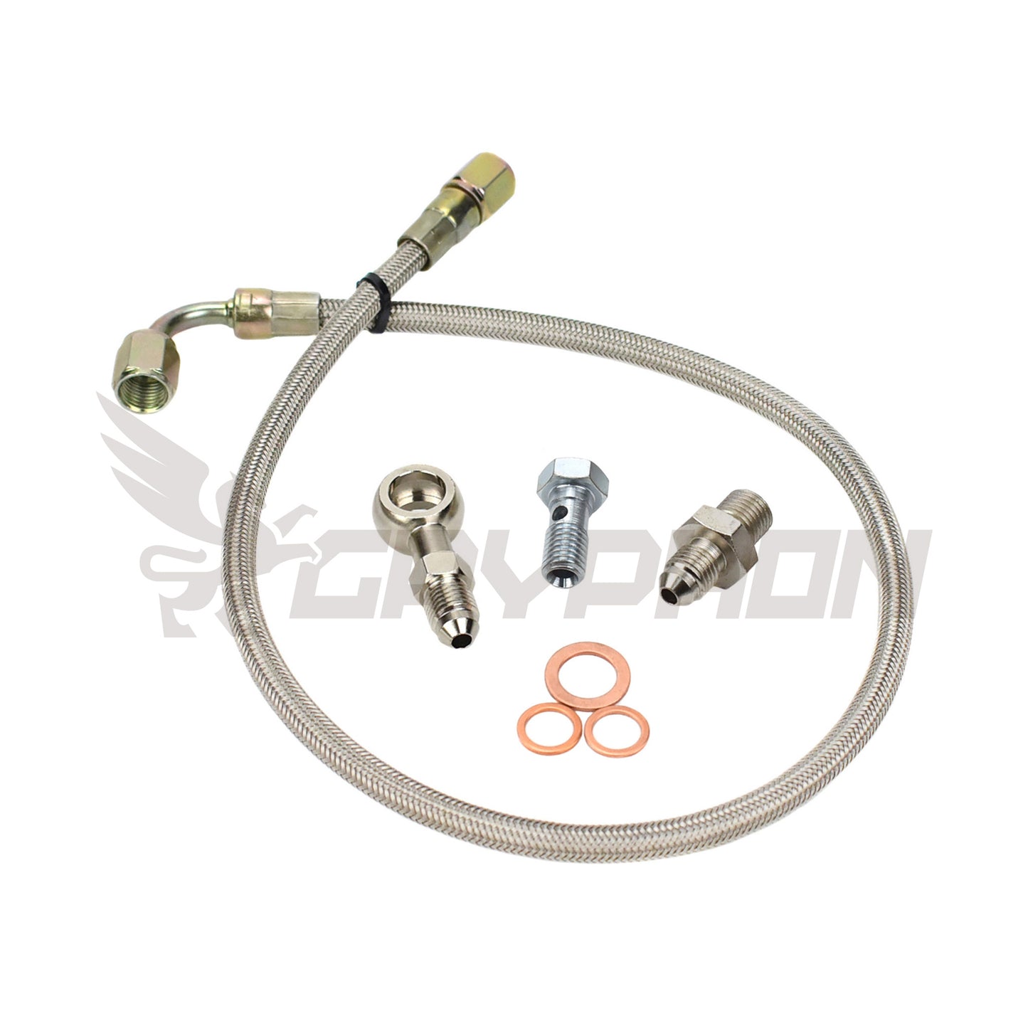 Turbo oil feed line kit for Nissan Patrol TD42 GU with Holset HX30 or HX35 turbo, 4AN braided PTFE hose, fittings, banjo, and no restrictor required