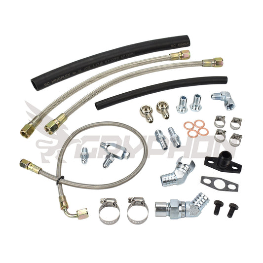 Oil and water line kit for Toyota 1FZ N/A engine with GT3576R, GT3582R, or GTX3584RS turbo upgrade