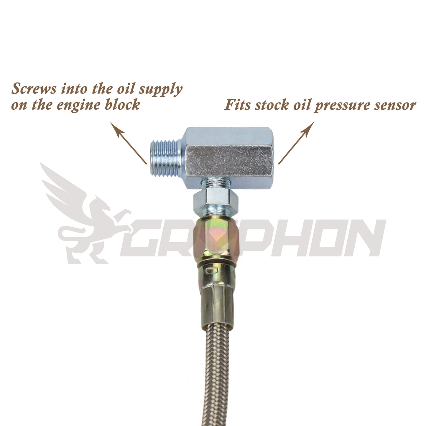 OEM oil pressure sensor retained using tee adapter on Ford Falcon Barra engine