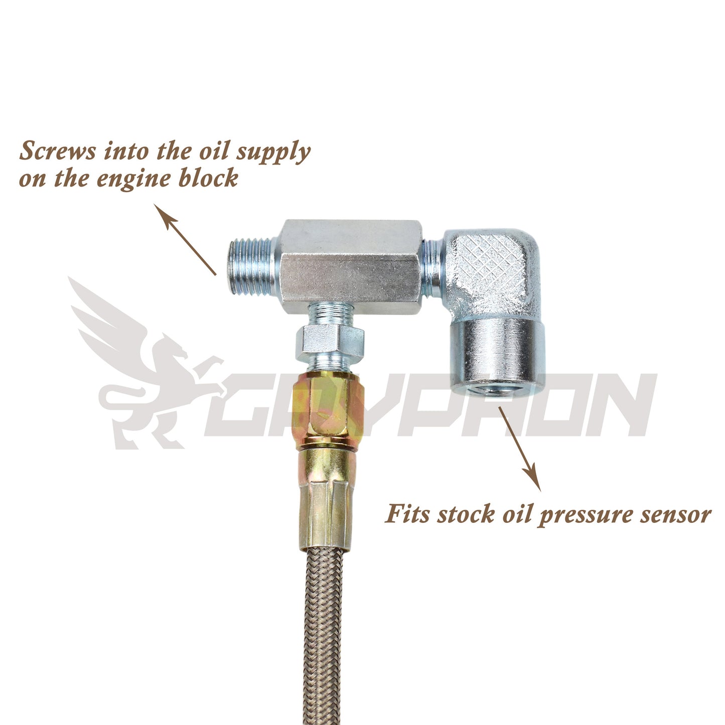 Retained OEM oil pressure sensor with tee fitting on Territory Barra 245T