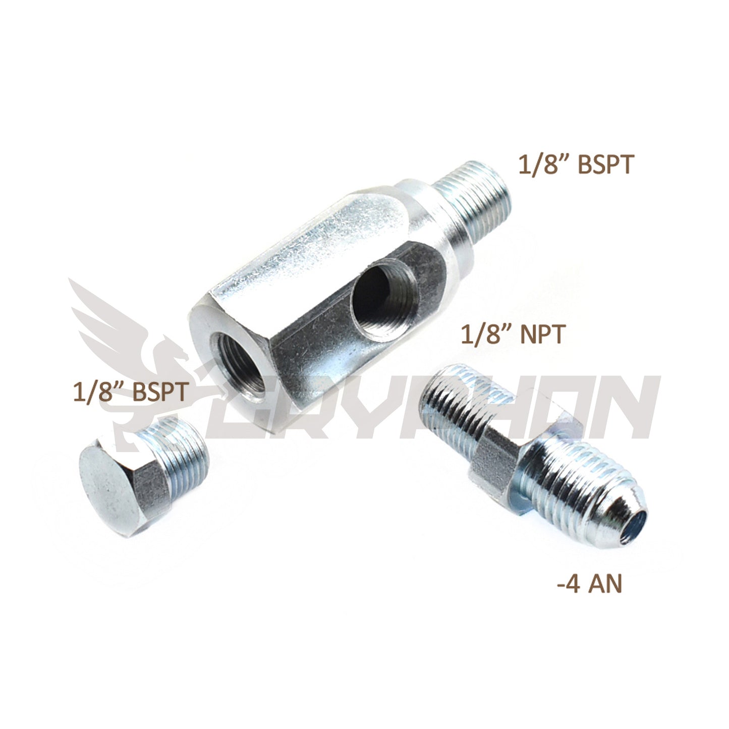 Universal 1/8" BSPT oil pressure tee adapter with 4AN turbo feed outlet