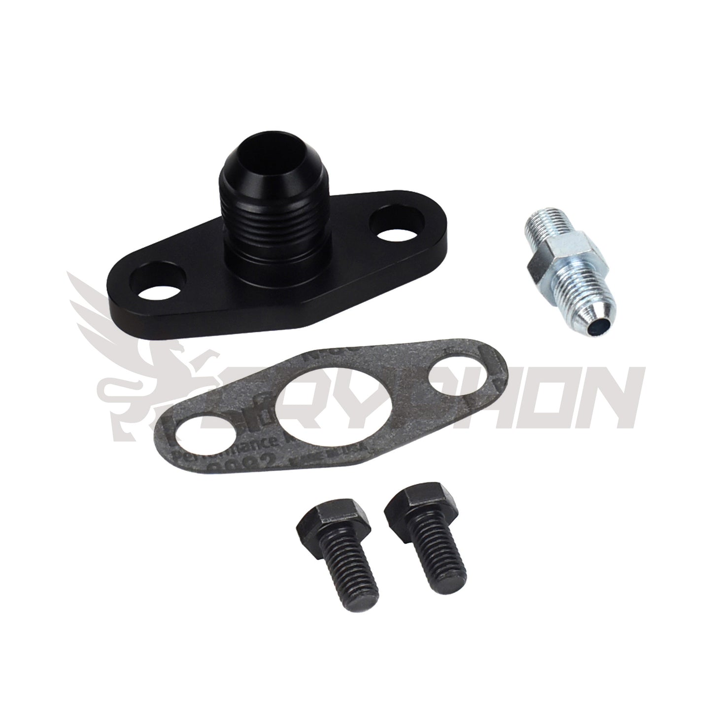 Precision Turbo oil feed and drain fitting kit for PTE 5558 to 8884 models, includes -4AN and -10AN fittings, gasket, and bolts