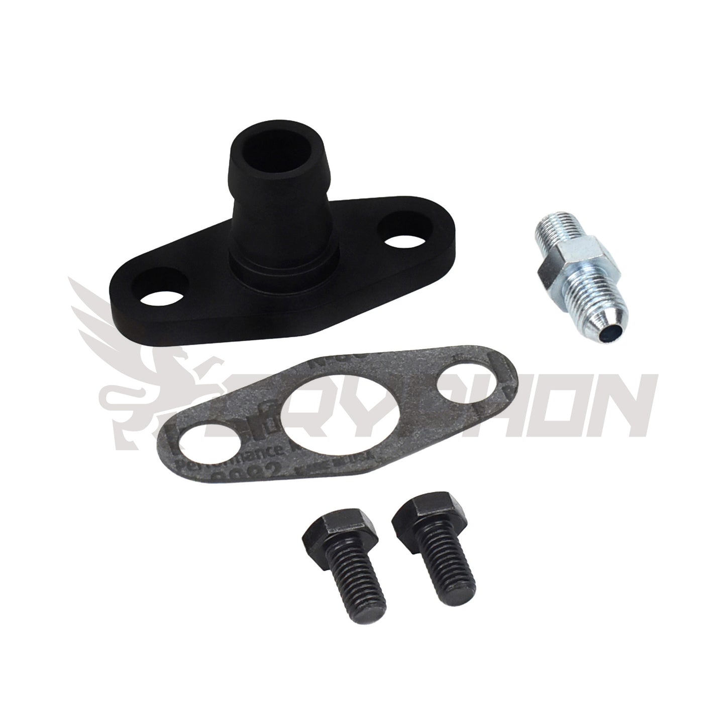 Precision Turbo oil feed and drain fitting kit for PTE 5558 to 8884 models, includes -4AN and 3/4" barb fittings, gasket, and bolts