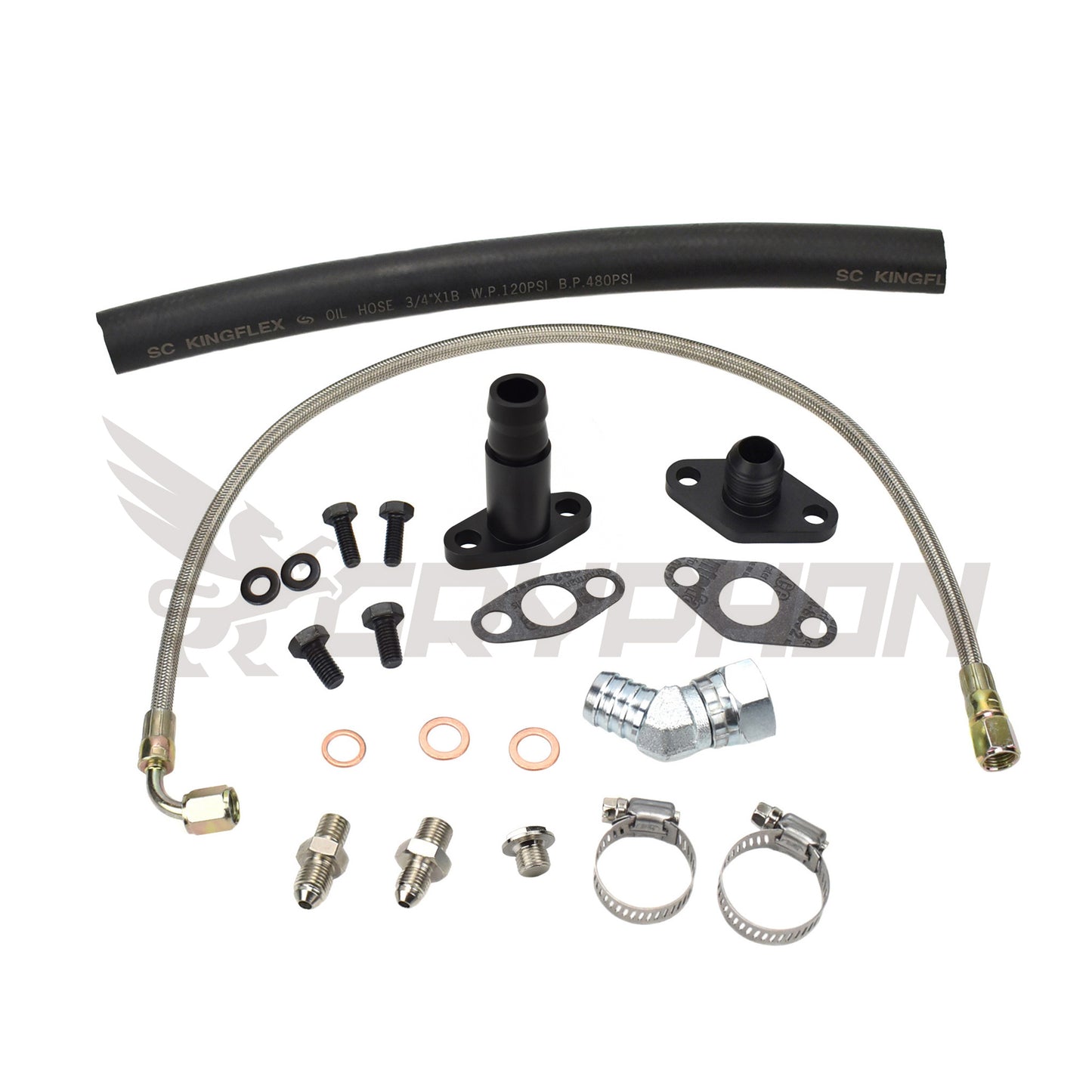 This kit is for a single turbo conversion on a Toyota 1JZ-GTE 2JZ-GTE top mount Garrett GBC Series GBC20-300 GBC22-350 journal bearing turbo.