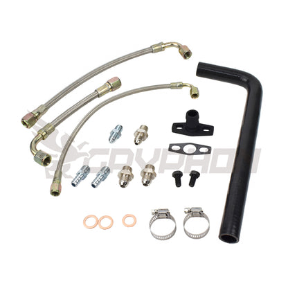 GT28R turbo oil & water line kit for Toyota 1HD-T/FT/FTE engines. Includes 4AN feed line w/ 1.0mm restrictor, silicone return hose, 6AN water lines.