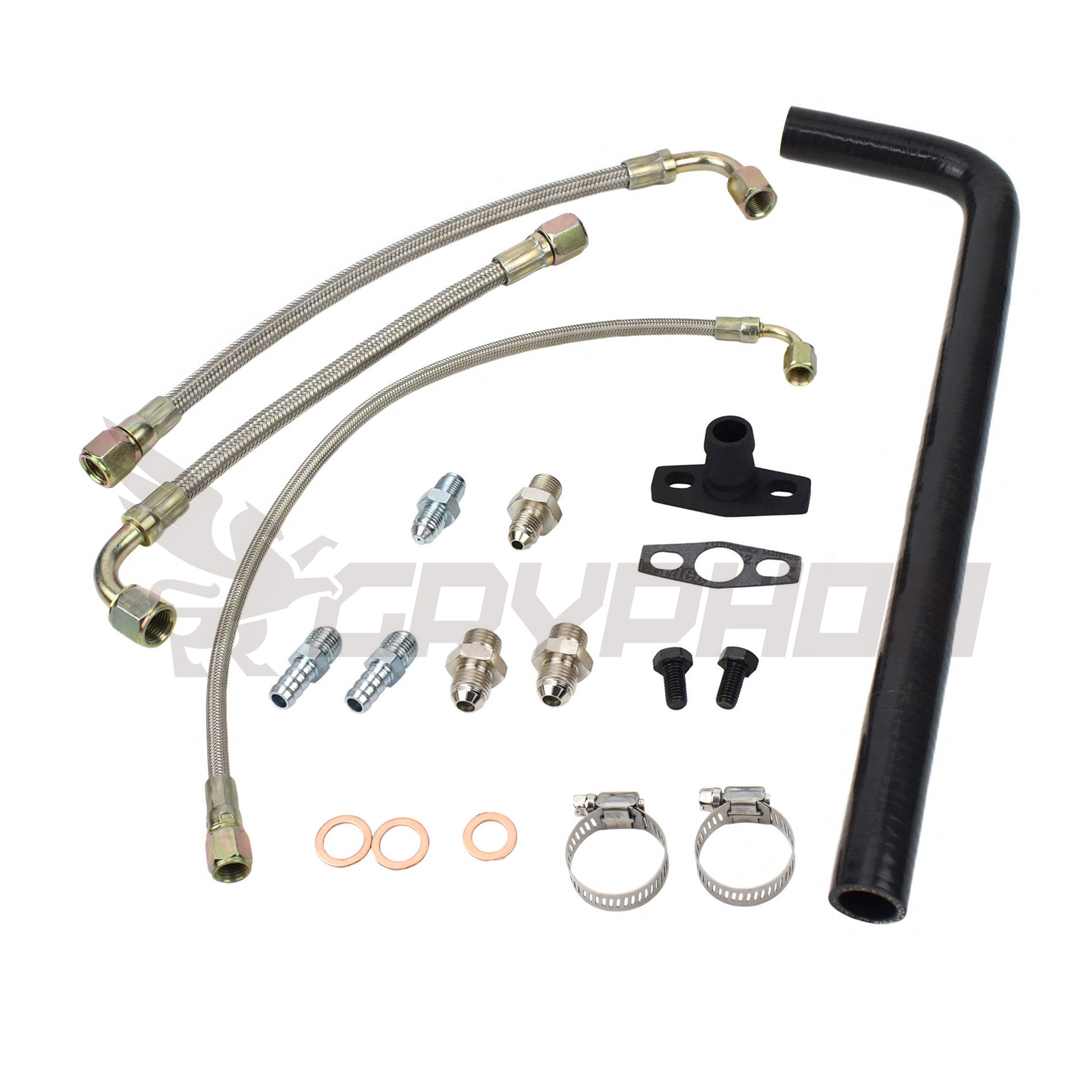GT28R turbo oil & water line kit for Toyota 1HD-T/FT/FTE engines. Includes 4AN feed line w/ 1.0mm restrictor, silicone return hose, 6AN water lines.