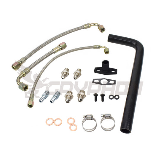 Turbo oil and water line kit for Toyota 1HD-T, 1HD-FT, 1HD-FTE engine with TD05H turbo, includes 4AN feed line, silicone drain, and 6AN water lines