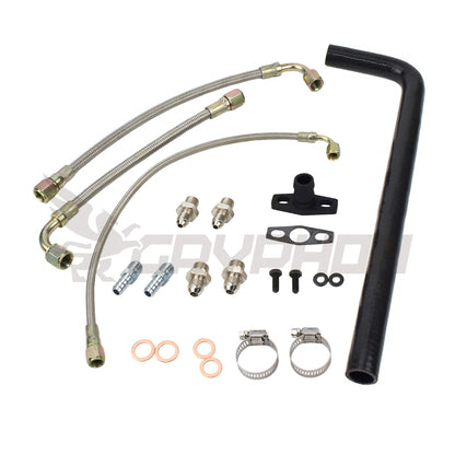 Turbo oil and water line kit for Toyota 1HD-T, 1HD-FT, 1HD-FTE engine with TD05H turbo, includes 4AN feed line, silicone drain, and 6AN water lines