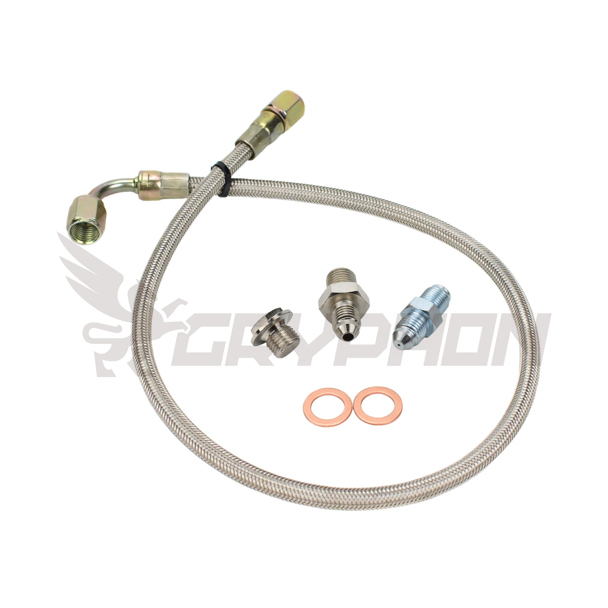 Turbo oil feed line kit for Toyota 1JZ-GTE / 2JZ-GTE with Garrett GT30R GT35R turbos, includes 4AN braided PTFE hose, 1.0mm restrictor fitting, and hardware.