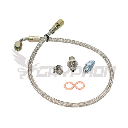 Turbo oil feed line kit for Toyota 1JZ-GTE / 2JZ-GTE with Garrett GTW34 GTW36 GTW38 turbos, includes 4AN braided PTFE hose, restricted fitting, and hardware.