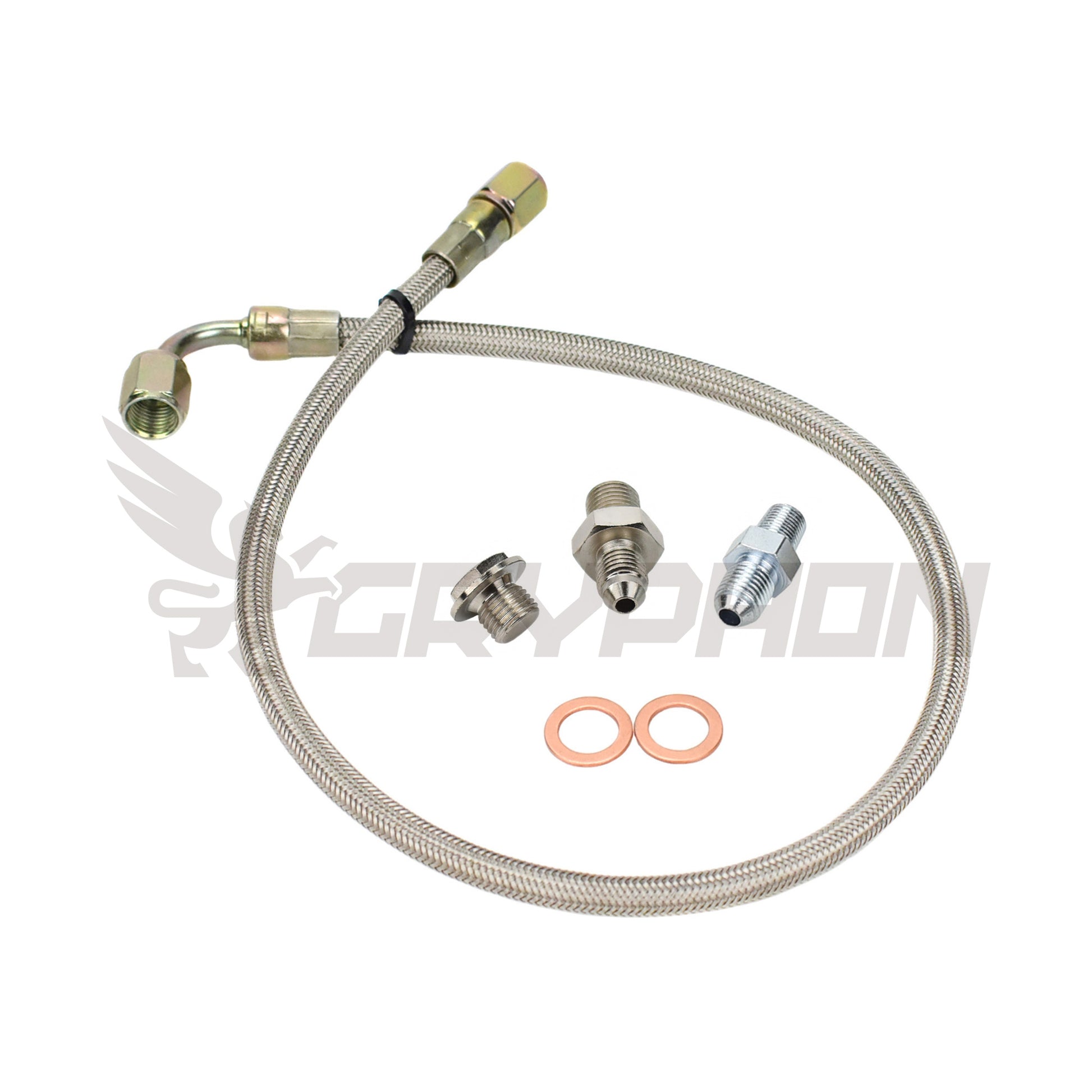 Turbo oil feed line kit for Toyota 1JZ-GTE / 2JZ-GTE with Precision PTE 6266 6466 6766 7688 turbos, includes 4AN braided PTFE hose, restricted fitting, and hardware.