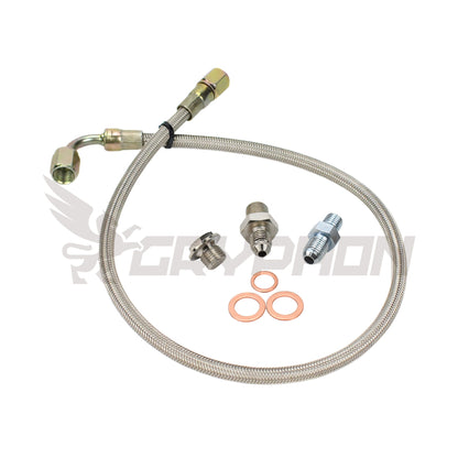 Turbo oil feed line kit for Toyota 1JZ-GTE / 2JZ-GTE with TD05H TD06 turbos, includes 4AN braided PTFE hose, 1.8mm restrictor fitting, and hardware.
