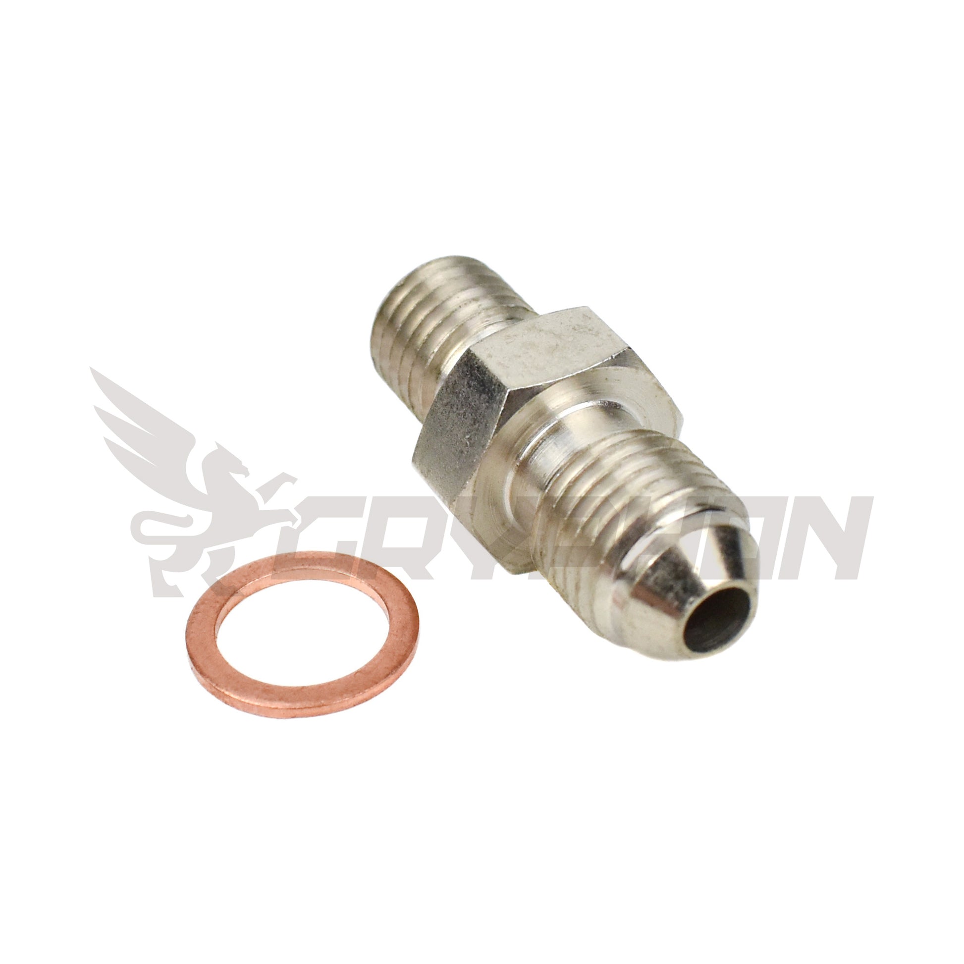 4AN to M10x1.5 turbo oil feed restrictor adapter with 1.8mm orifice, includes copper crush washers for secure sealing.