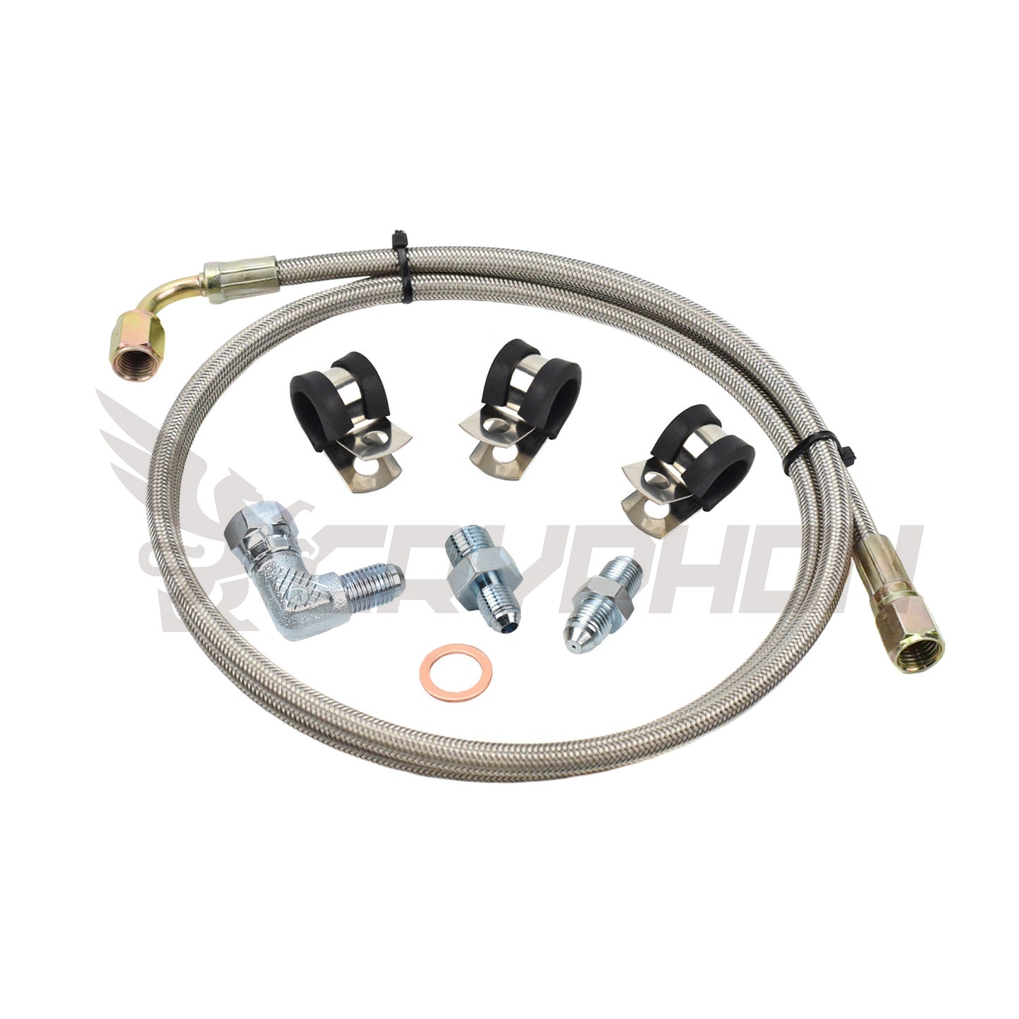 Turbo oil feed line kit for Vauxhall Opel Astra & Zafira Z20LEH / Z20LET with Garrett G-Series G25 / G30 turbo, includes 4AN braided PTFE hose, 1.0mm restrictor, washers, and hardware.