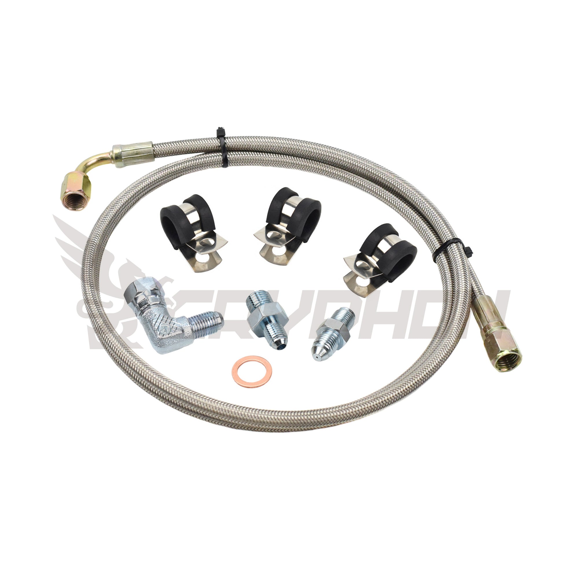 Turbo oil feed line kit for Vauxhall Opel Astra & Zafira Z20LEH / Z20LET with Garrett G-Series G25 / G30 turbo, includes 4AN braided PTFE hose, 1.0mm restrictor, washers, and hardware.