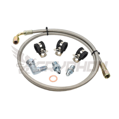 Turbo oil feed line kit for Vauxhall Opel Astra & Zafira Z20LEH / Z20LET with Garrett G-Series G25 / G30 turbo, includes 4AN braided PTFE hose, 1.0mm restrictor, washers, and hardware.