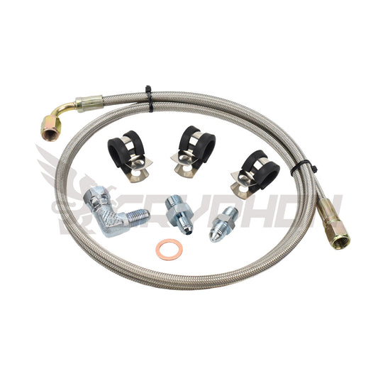 Turbo oil feed line kit for Vauxhall Opel Astra & Zafira Z20LEH / Z20LET with Garrett GT28R / GT30R turbo, includes 4AN braided PTFE hose, 1.0mm restrictor, copper washers, and hardware.