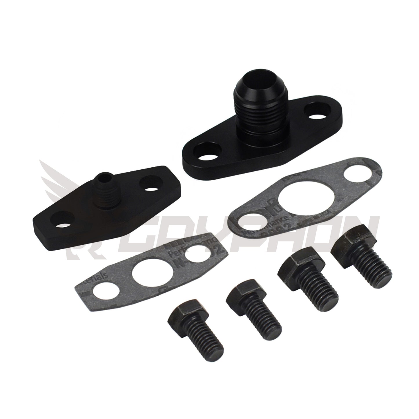 Oil feed and drain flange kit for Mitsubishi GReddy T67 TE06H TD07 TD08 turbochargers, with 4AN feed and 10AN return fittings, gasket, and bolts