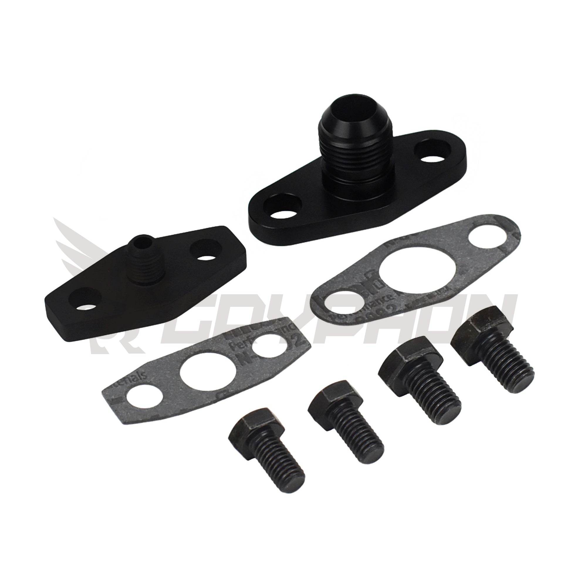 Oil feed and drain flange kit for Mitsubishi GReddy T67 TE06H TD07 TD08 turbochargers, with 4AN feed and 10AN return fittings, gasket, and bolts