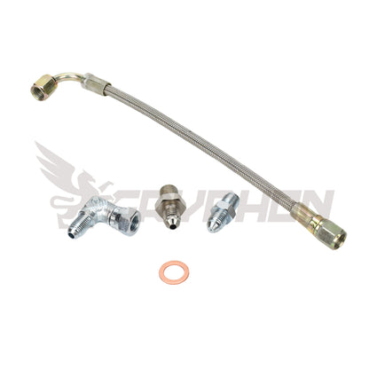 Turbo oil feed line kit with 1.0mm restrictor and 4AN braided hose for Garrett GT28R GT30R GT35R on Holden Commodore VL RB30ET