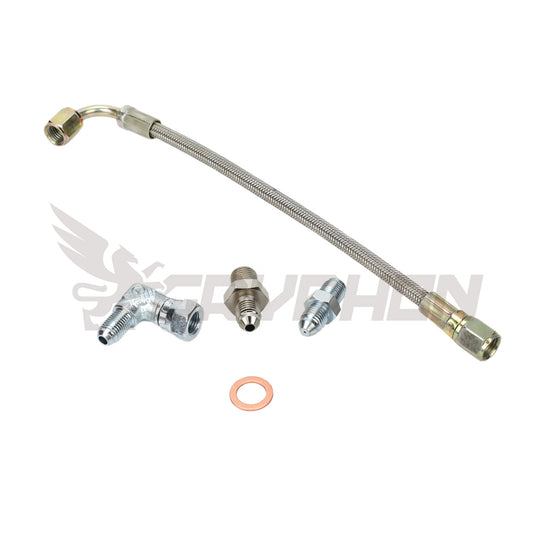 Turbo oil feed line kit with 1.0mm restrictor and 4AN braided hose for Garrett GT28R GT30R GT35R on Holden Commodore VL RB30ET