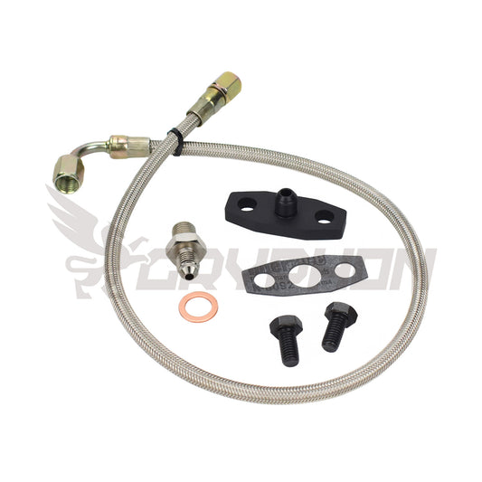 Turbo oil feed kit with 2.0mm restrictor flange, gasket, and 4AN braided hose for Garrett GT37R GT40R GT42R GT45R on Holden Commodore VL RB30ET